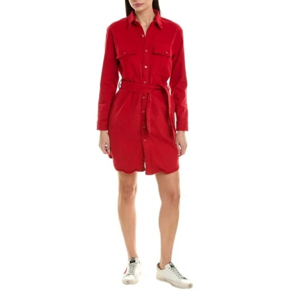NWT MOTHER Cadet Denim Belted Mini Shirtdress in Haute Red Size M - Picture 4 of 15